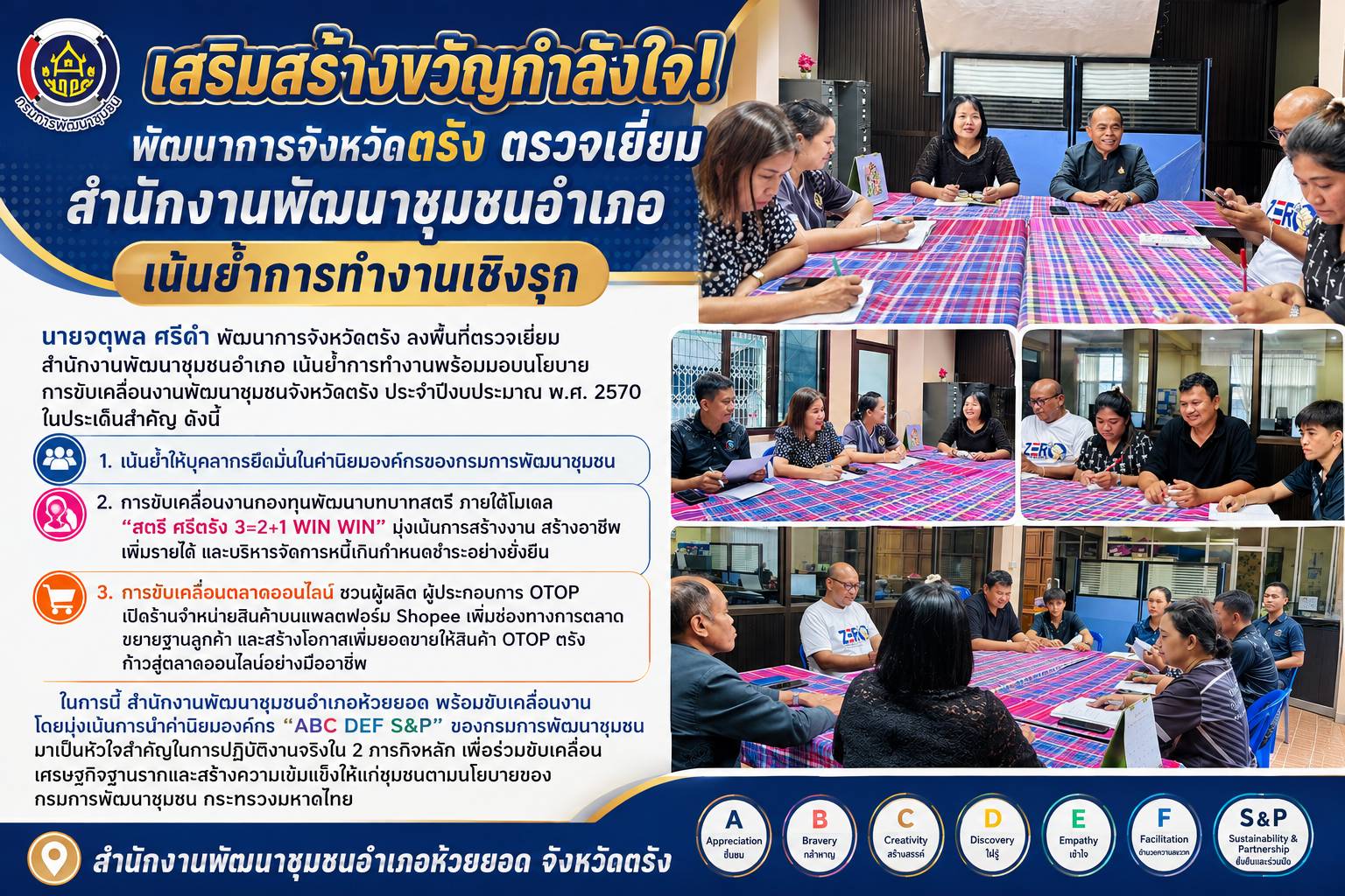 สพอ.ห้วยยอด จังหวัดตรัง เสริมสร้างขวัญกำลังใจ! พัฒนาการจังหวัดตรัง ตรวจเยี่ยมสำนักงานพัฒนาชุมชนอำเภอ เน้นย้ำการทำงานเชิงรุก